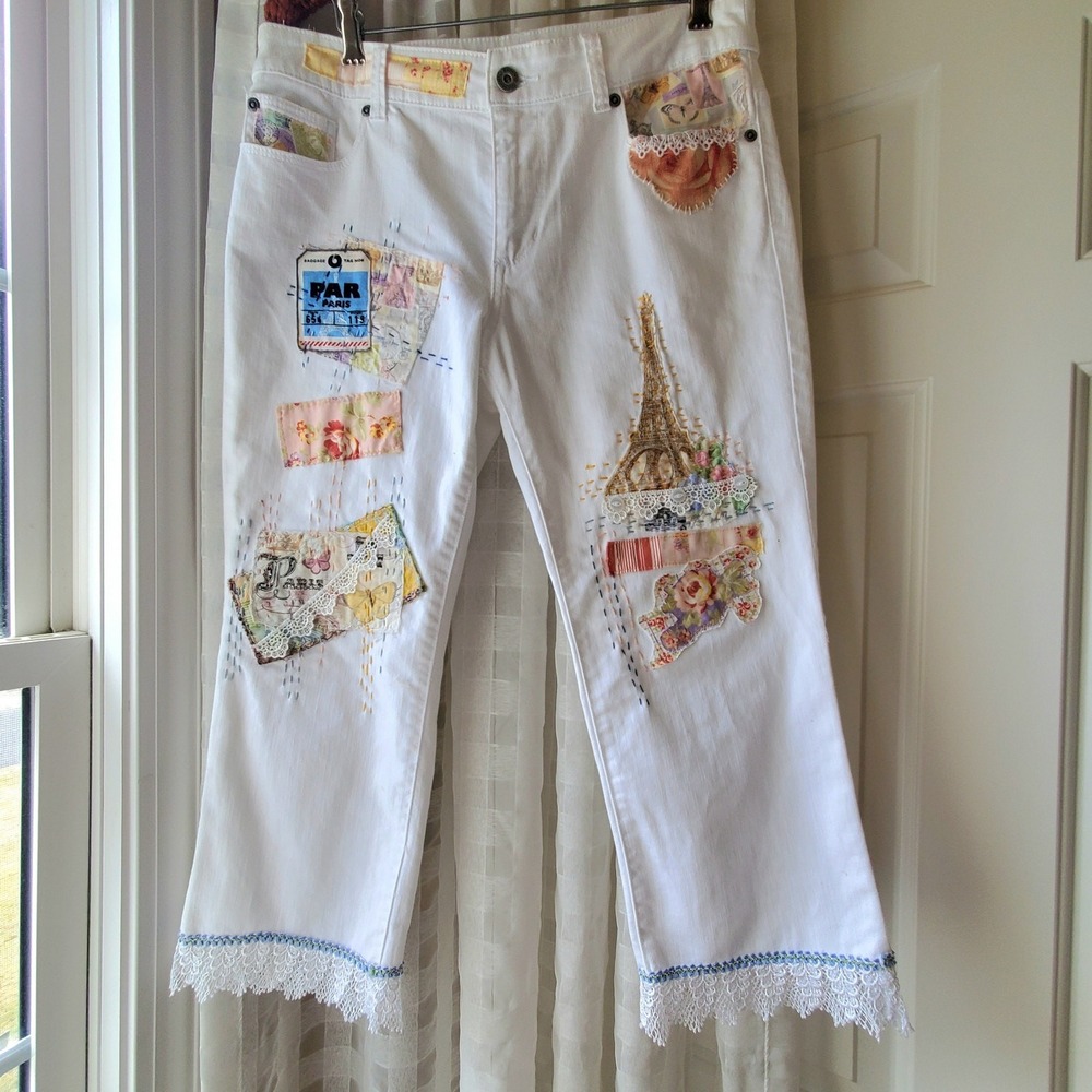 Upcycled Refashioned  Paris‎ Capris  Vintage Lace, Patches, Boho Chic Size 6